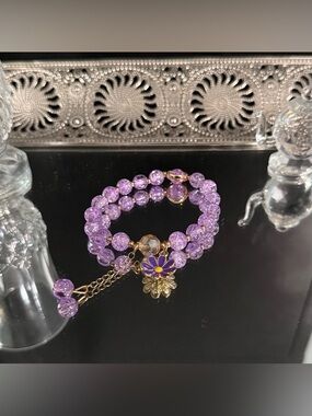 Purple Beaded Flower Charm Bracelet